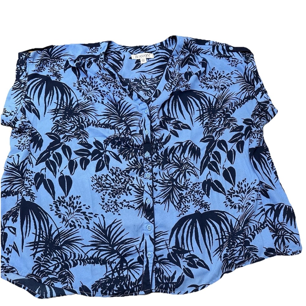 Roaman's Blue Floral Tropical Button Up Short Sleeve Blouse Top Women's Plus 20W